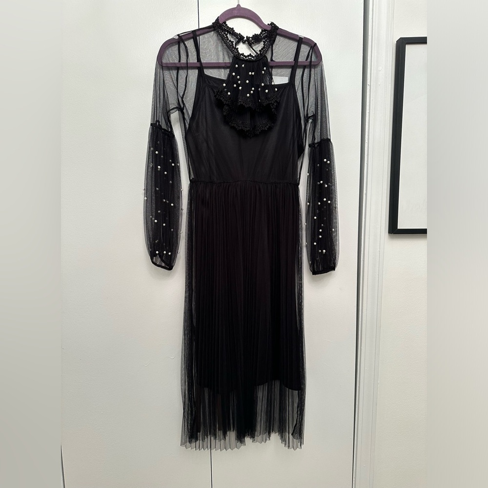 2 Piece Sheer Midi dress with pearls and slip